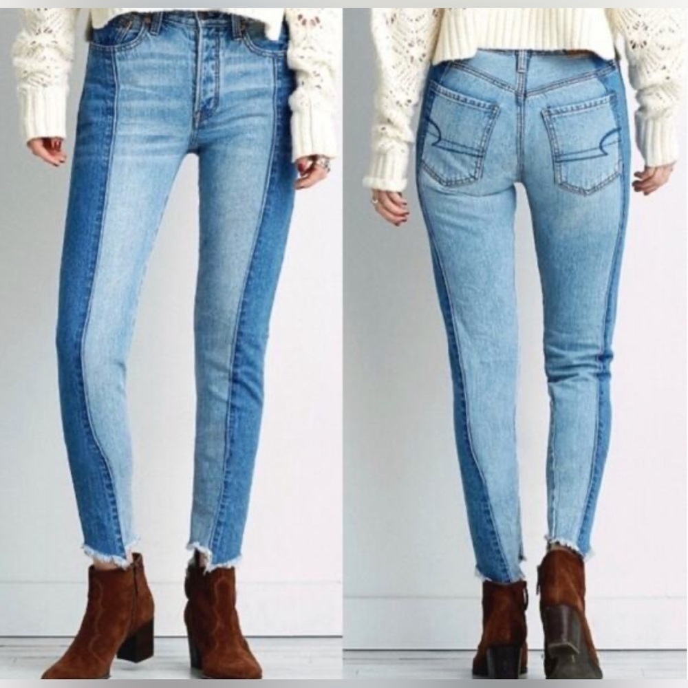 AMERICAN EAGLE OUTFITTERS AEO VINTAGE HI RISE BUTTON FLY RAW HEM 2 TONE JEANS 2